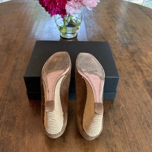 Prada Peep Toe Espadrille Wedges Brown Suede Size 39 / 9 - Picture 4 of 4